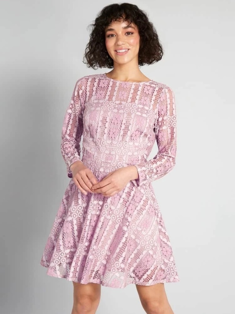 ModCloth Pink Lace Fit-and-Flare Long-Sleeve Dress